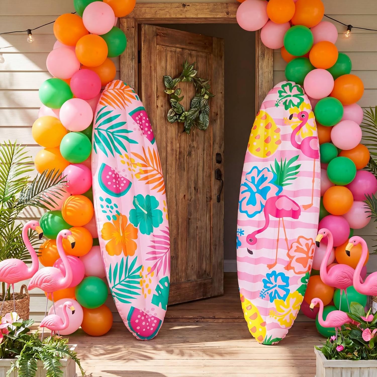 Soaoo 4 Pcs Hawaiian Inflatable Surfboard 37 Inch Tropical Pool Floats | Pink Flamingo Luau Party Decorations, Blow up Surfboard Prop Wall Decor, for Summer Tiki Bar Pool Beach Party Decorations