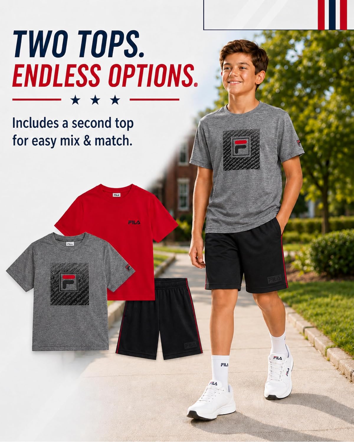 Fila Boys Short Set - 3 Piece Athletic Performance Short Sleeve Graphic Shirts and Mesh Basketball Shorts for Boys
