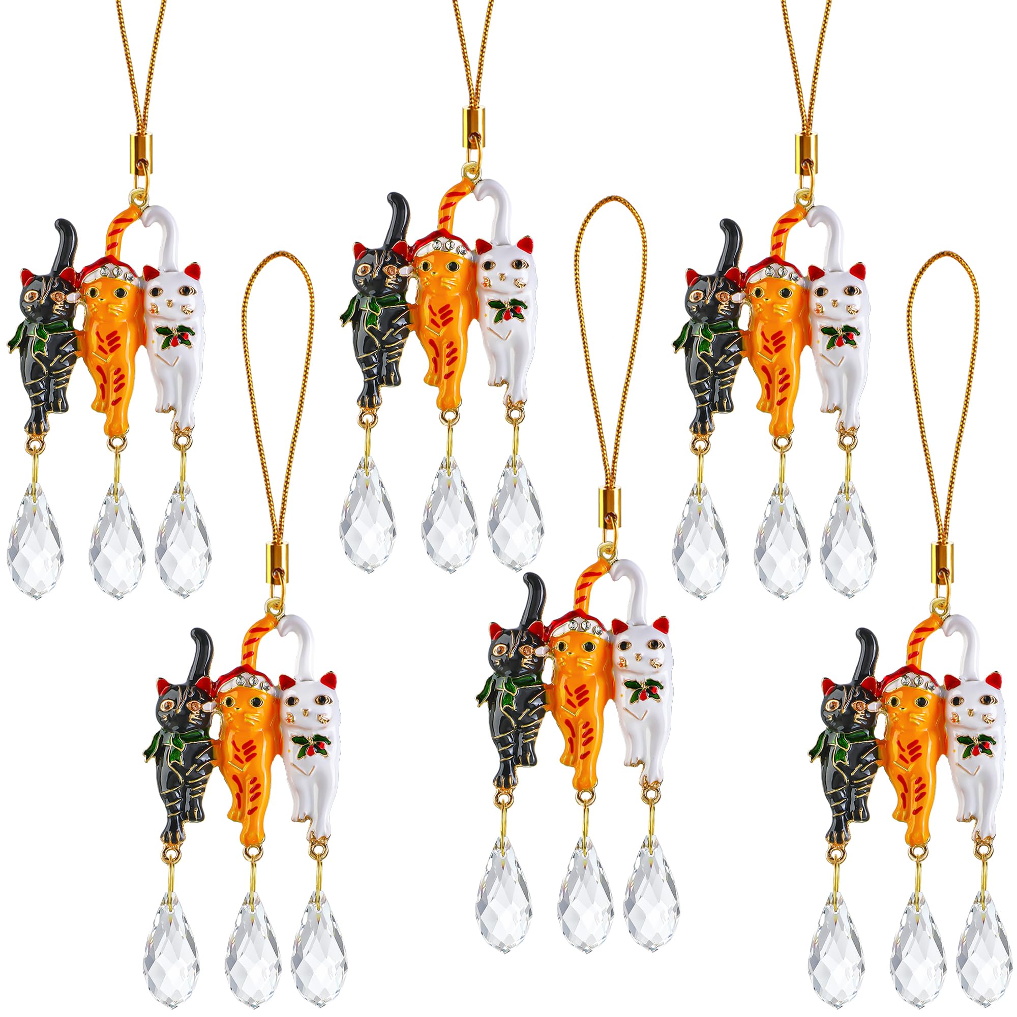 H&D HYALINE & DORA 6 Pack Cat Christmas Tree Ornament 5.5'' Crystal Glass Christmas Hanging Ornaments Pet Decorations for Tree and Car Suncatcher Gifts for Cat Lovers