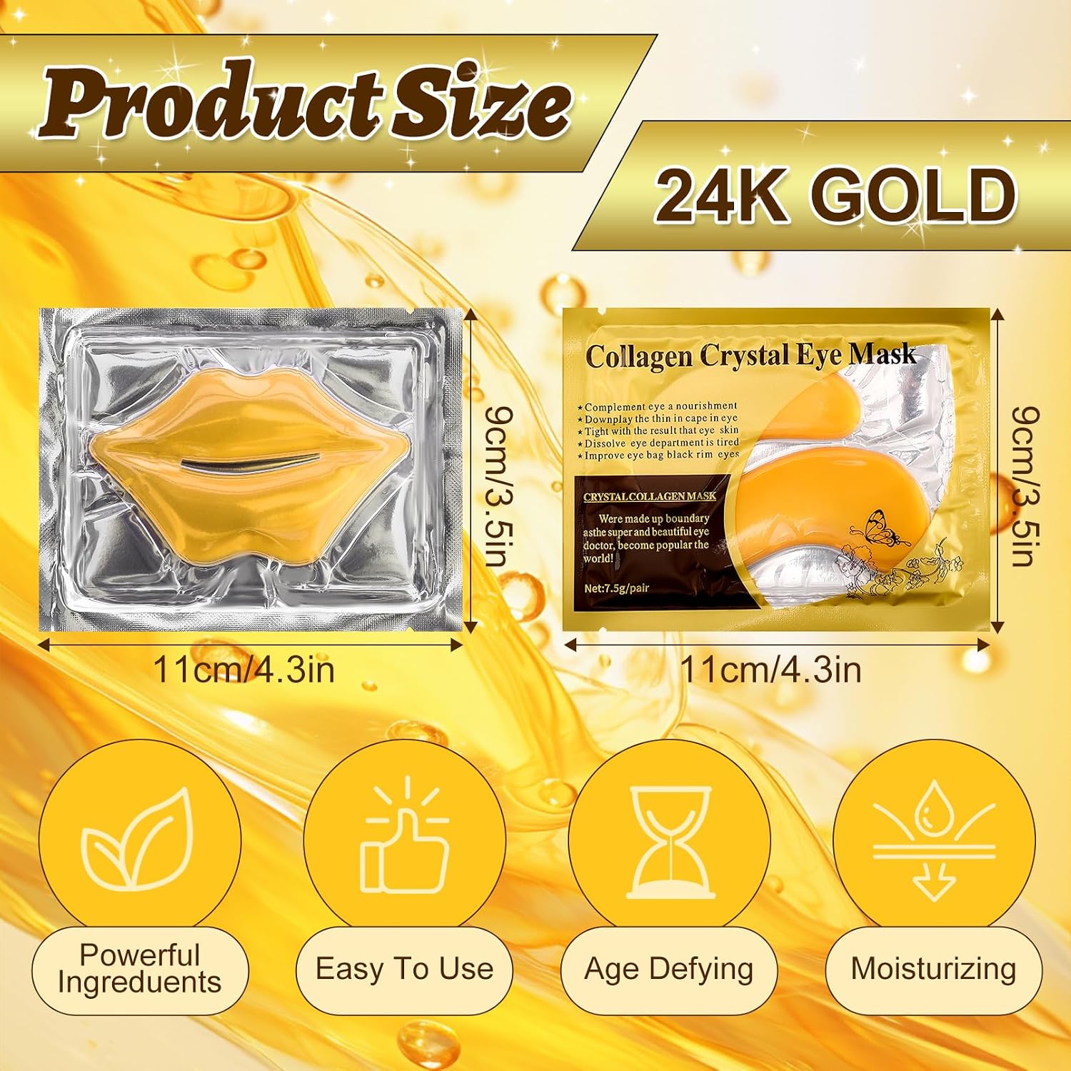 40 Pcs Lip and Eye Mask Set,Collagen Lip Mask Sheet and Under Eye Patches,Gold Lips Masks Skincare,Gold Gel Crystal Collagen Eye Patches,Moisturizing Reducing Fine Lines & Dark Circle