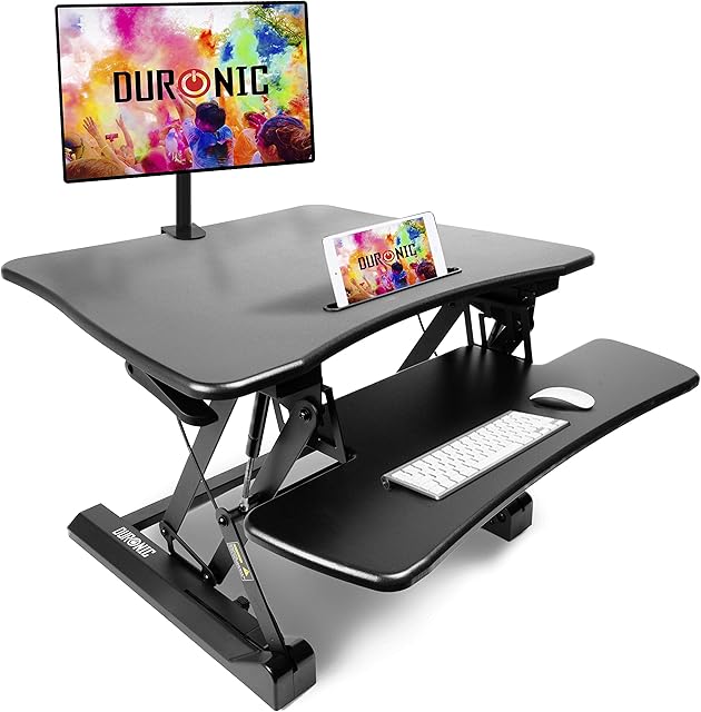 Duronic Sit-Stand Desk DM05D3 | Height Adjustable Office Workstation | 73x59cm Platform | Raises from 15-50cm | Riser for PC Computer Screen, Keyboard, Laptop | Ergonomic Desktop Table Converter