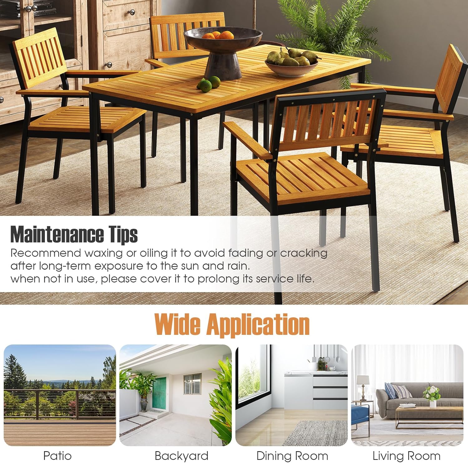 Patio Dining Table, 6-Person Acacia Wood Dining Table with 2 Inches Umbrella Hole, Slatted Tabletop & Adjustable Foot Pads, Outdoor Dining Table for Garden, Poolside & Dining Room