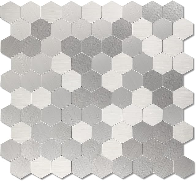 Backsplash Tile for Kitchen Peel and Stick Metal Backsplash Stainless Steel Tile Sticker Stickon Hexagon Backsplash for Kitchen Bathroom in Stainless 5 Sheets