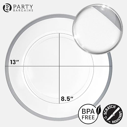 Miniatura 2 de Party Bargains - Bajoplatos de 13 pulgadas (8 unidades) transparentes con borde plateado Bajoplatos desechables de plástico resistente. Bajoplatos