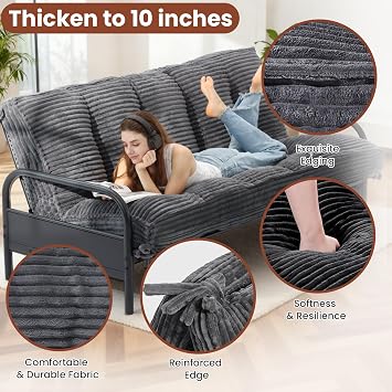 10 Futon Mattress Queen Size,Futons Sofa Couch Bed with Straps, Thick Corduroy Floor Mattress for Adults, Roll Up Folding Mattress Shredded Foam Filling, Medium Firm (Gray, Full)