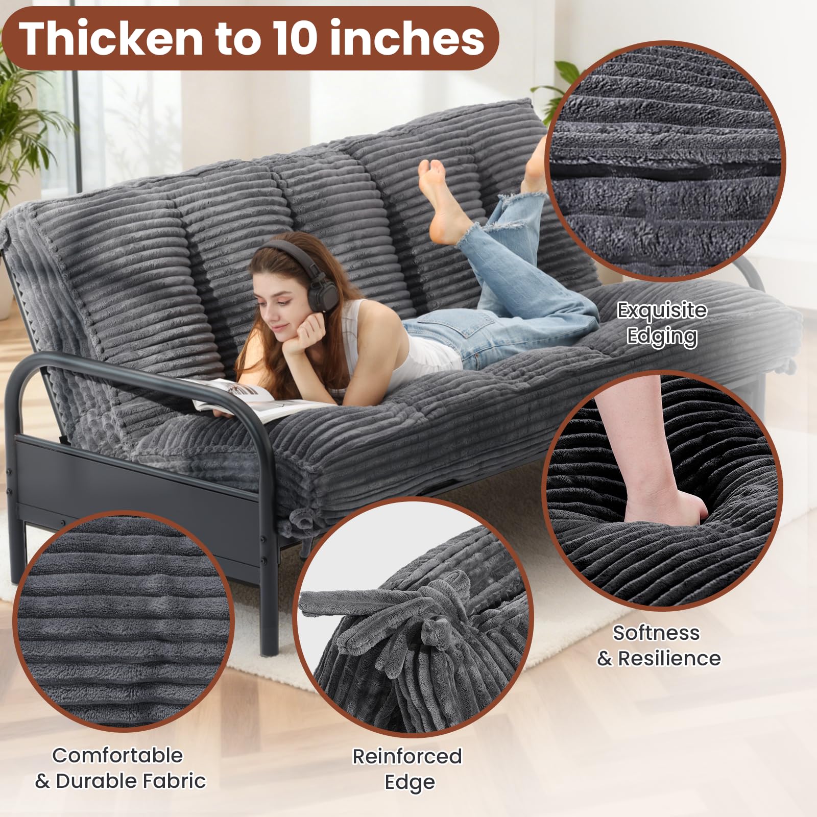 10" Futon Mattress Queen Size,Futons Sofa Couch Bed with Straps, Thick Corduroy Floor Mattress for Adults, Roll Up Folding Mattress Shredded Foam Filling, Medium Firm (Gray, Full)