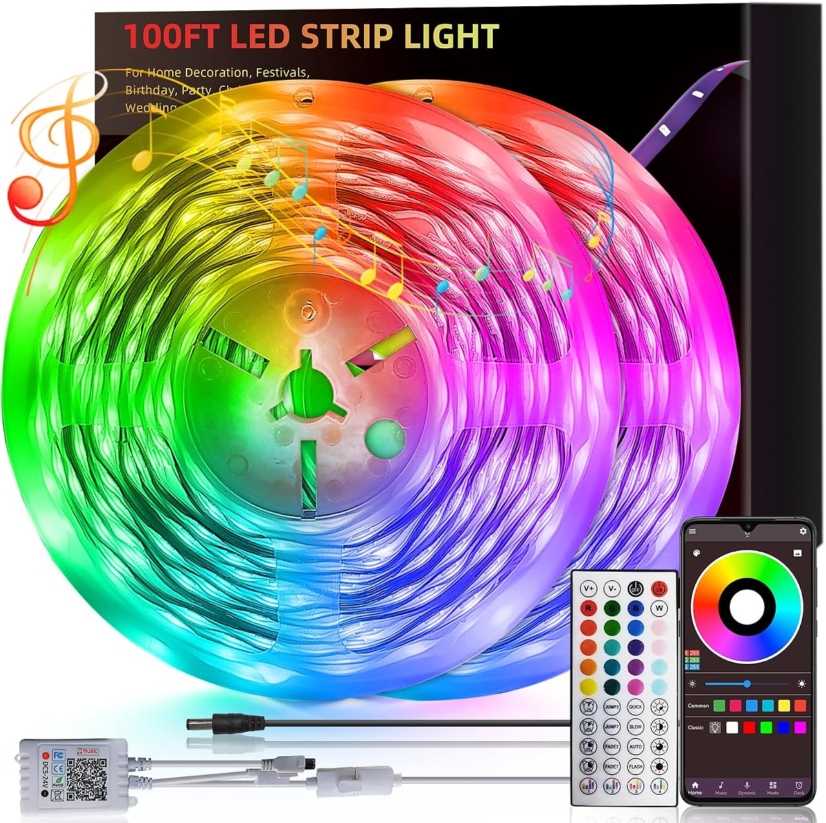 HBOWMDJIA Luces LED de 100 pies para dormitorio, tira de luces LED de sincronización de música, cambio de color, tira de luz LED con control remoto y aplicación RGB, luces LED para habitación, dormitorio, hogar, aula, decoración de techo