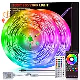 HBOWMDJIA - Tira de luces LED de 100 pies para dormitorio, sincronización de música, tira de luces LED con cambio de color, tira de luces LED con control remoto y aplicación, tira de luces LED RGB