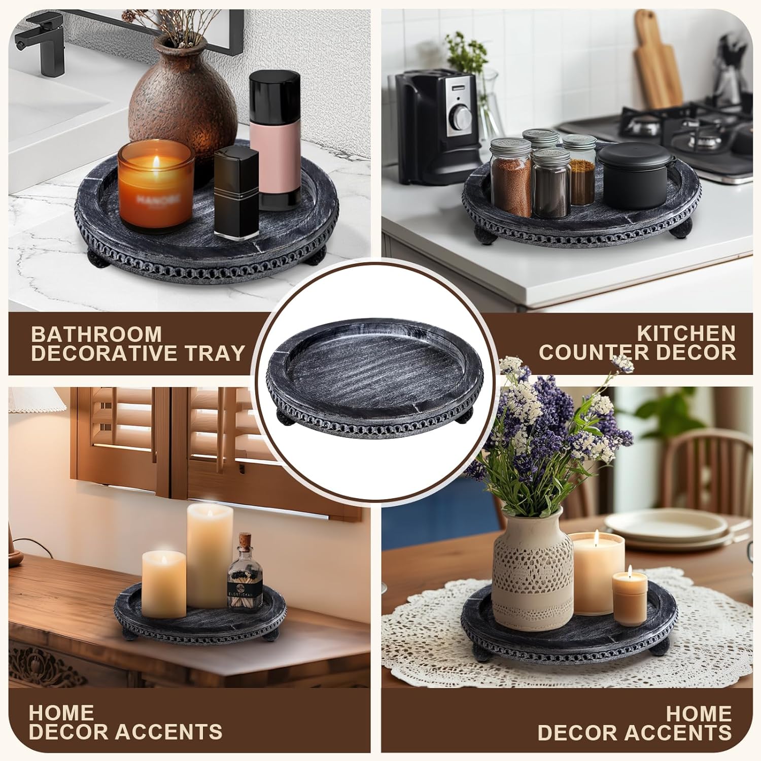 Wood Round Tray for Wooden Coffee Table Decor, Wood Raise Candle Tray Holder Plate,Farmhouse Small Decorative Trays Beade, Rustic Serving Tray for Kitchen Table, Home Decor, Living Room, Black