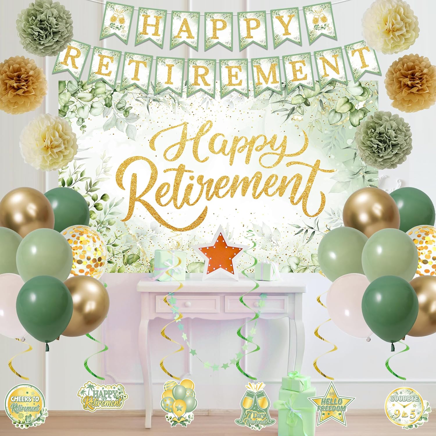Holkcog Green Retirement Party Decorations Women Men, Green Gold Happy Retired Banner Backdrop、Hanging Swirls Cards for Coworker, I'm Retired Sash & Crown Set, Great for Retiring People