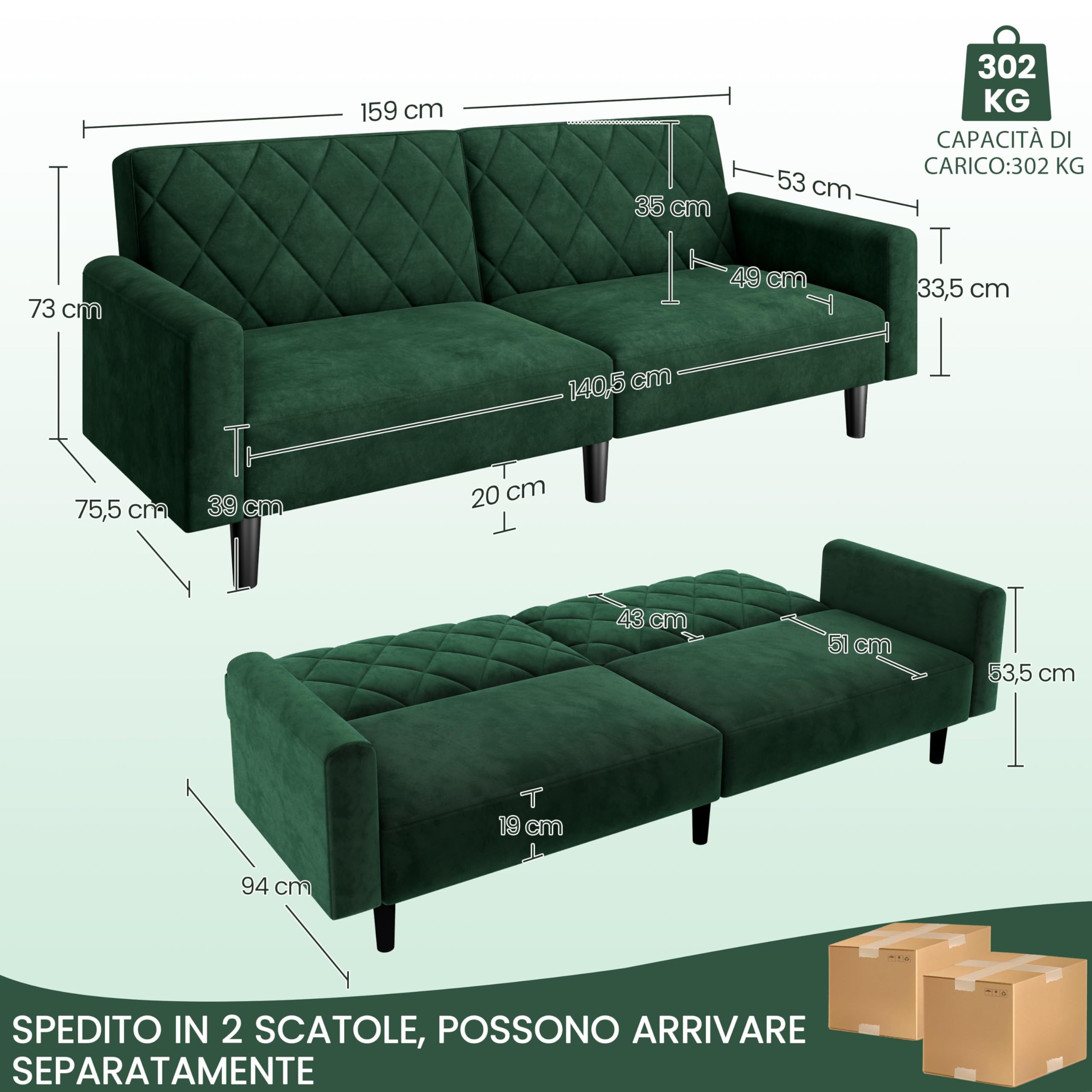 Yaheetech Divano Reclinabile Divanetto Trasformabile a 2 Posti Sofa Matrimoniale con Braccioli Mobile Imbottito in Velluto per Soggiorno Ufficio Salotto 159 × 94 × 52,5 cm Verde