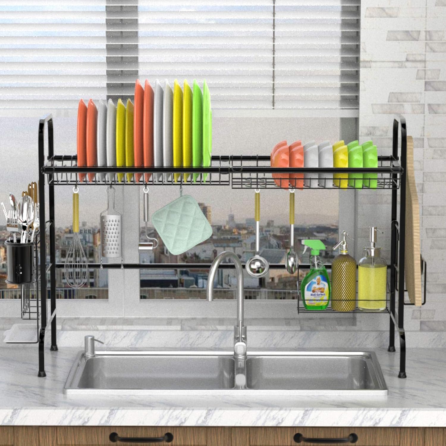 Veckle Over The Sink Dish Drying Rack, Premium Stainless Steel Dish Rack for Kitchen Counter Above Sink Shelf Storage Rack Space Saver Black