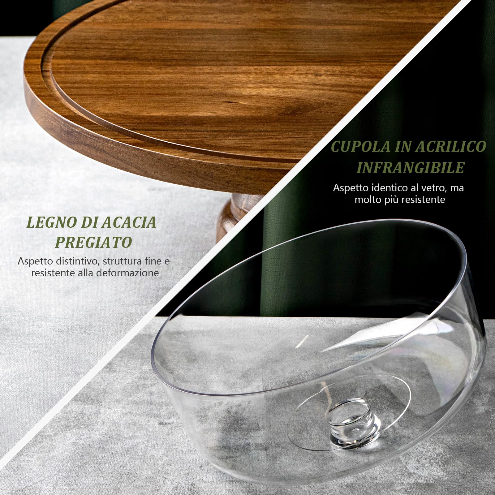 ANBOXIT Alzata Torta con Coperchio, Alzatina per Dolci in Legno di Acacia, Alzata per Dolci in Plastica, Espositore per torte con Cupola in Acrilico, Alzata per Torta Decorativa in Legno (Piedi)