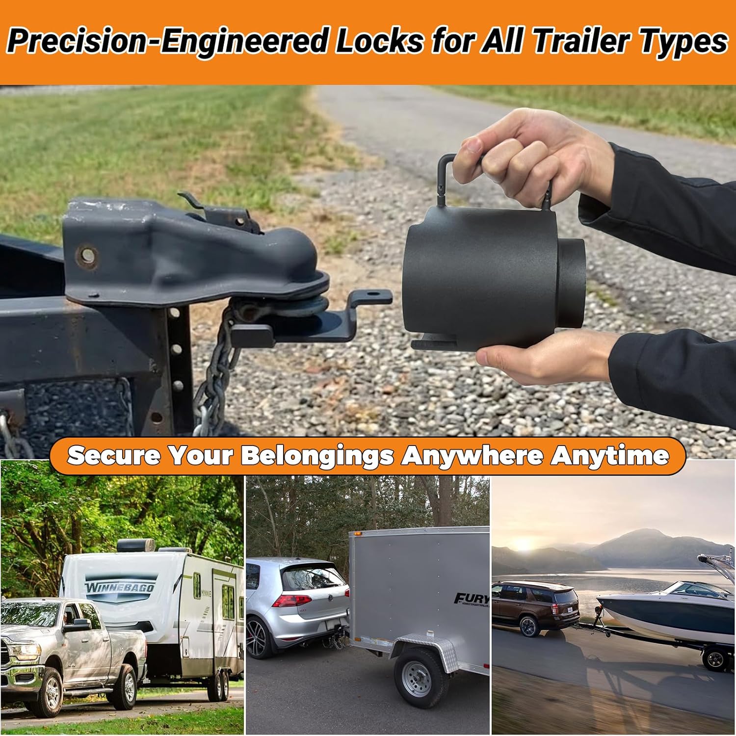 Trailer Lock Fits 2-5/16" Couplers, Heavy Duty Trailer Tongue Lock, Anti-Theft, Anti-Smashing, Secures Safety Chains, Steel Tow Hitch Lock with Handle for RV, Cargo, Camper, Dump Trailer
