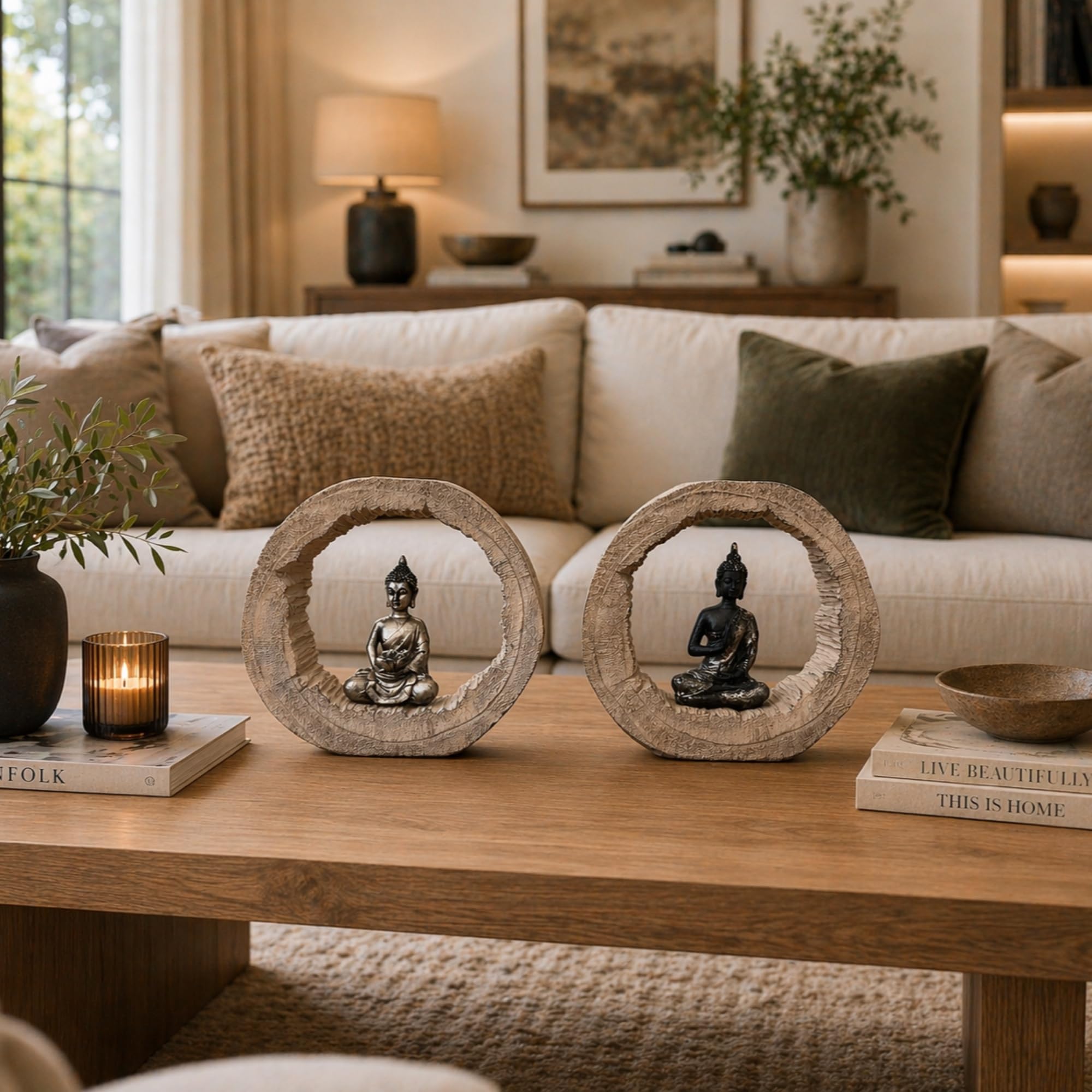 Set de 2 Figuras Decorativas Buda con Marco Circular – Escultura Zen de Diseño Natural en Madera y Resina, Adorno Elegante para Salón, Estantería o Recibidor