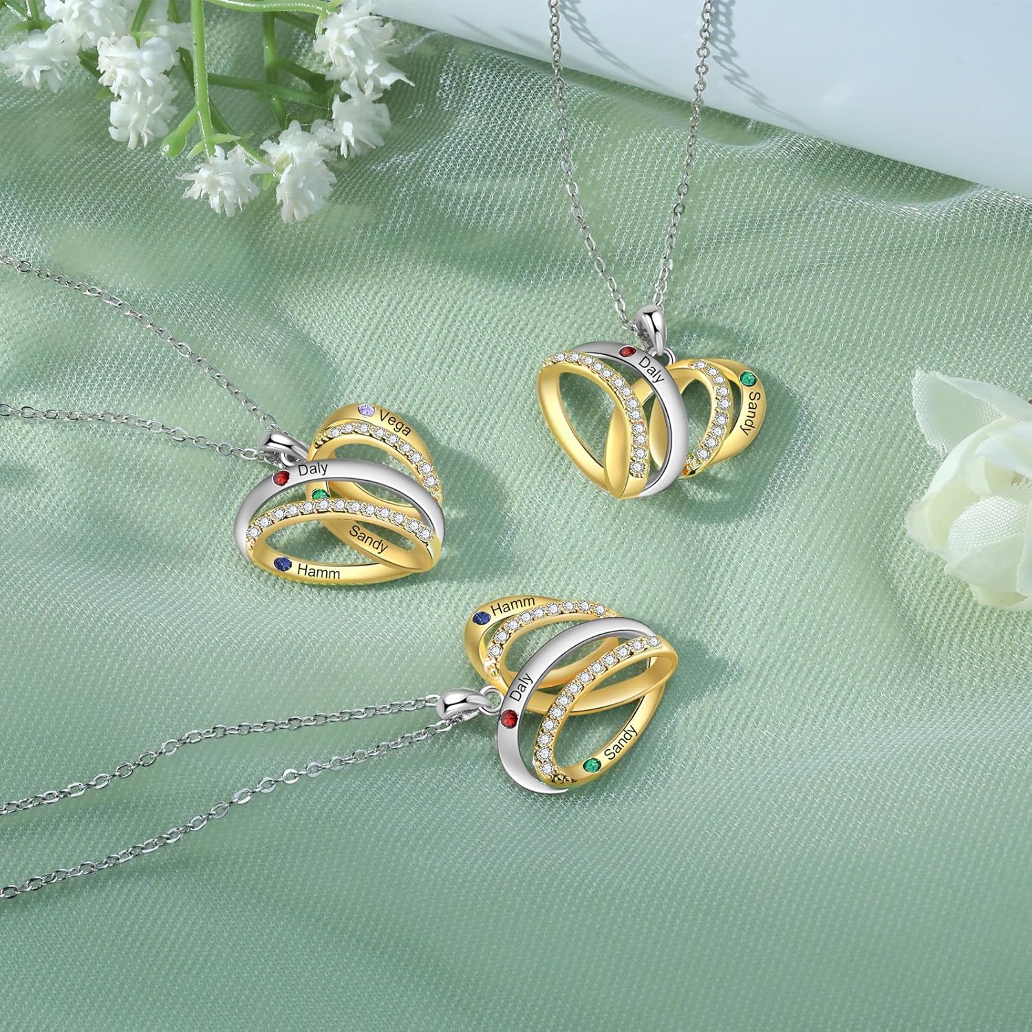 Lam Hub Fong Personalized Heart Necklace with 2-4 Birthstones | Custom Name Necklace in Silver or Gold | Perfect Mother's Day, Christmas Gift for Mom, Grandma, or Daughter