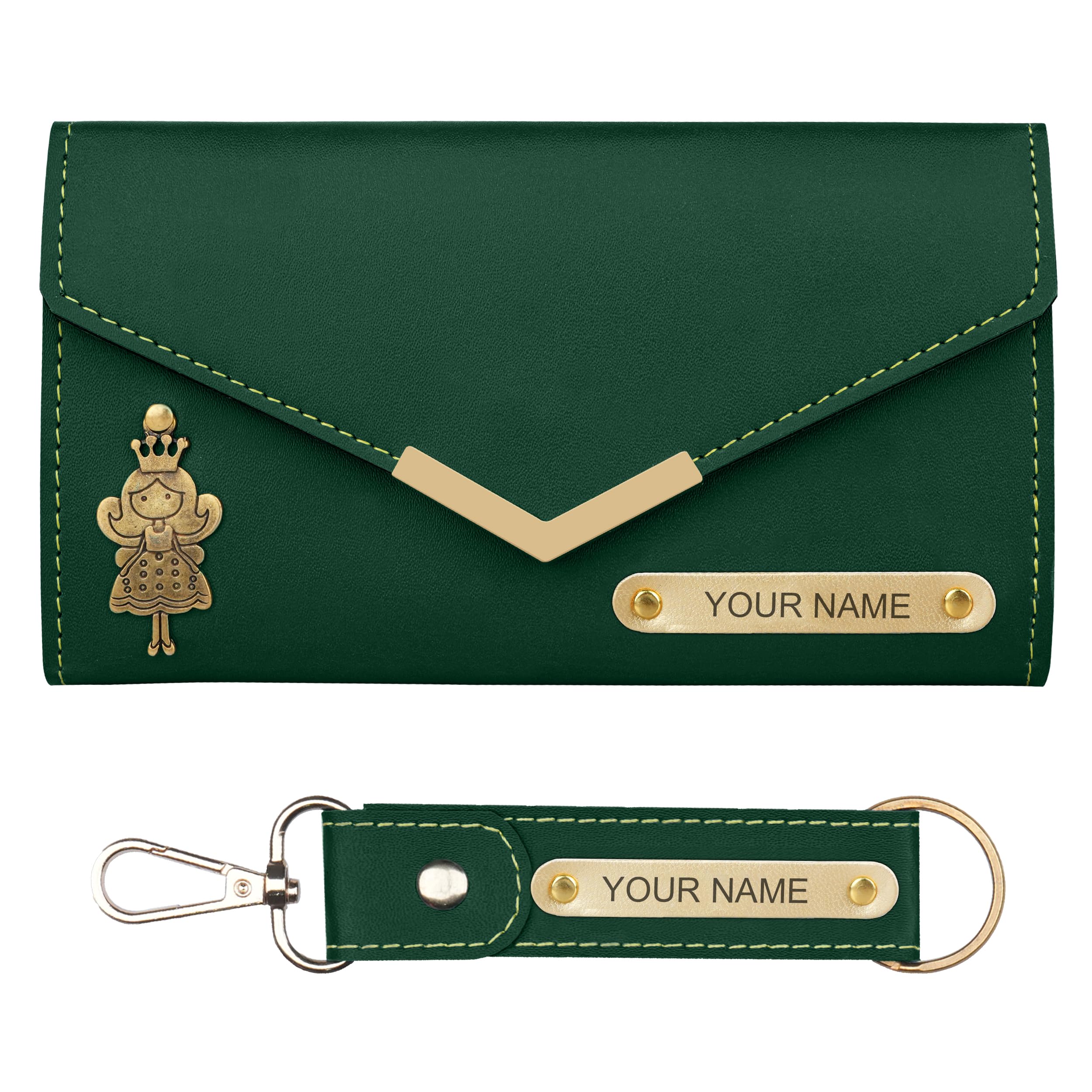 the wallet store Personalized Minimal Leather Clutch & Keychain Gift Set for Women | Customized Combo for Girlfriend, Wife, Sister, Mother, Etc (Green)-picture-28