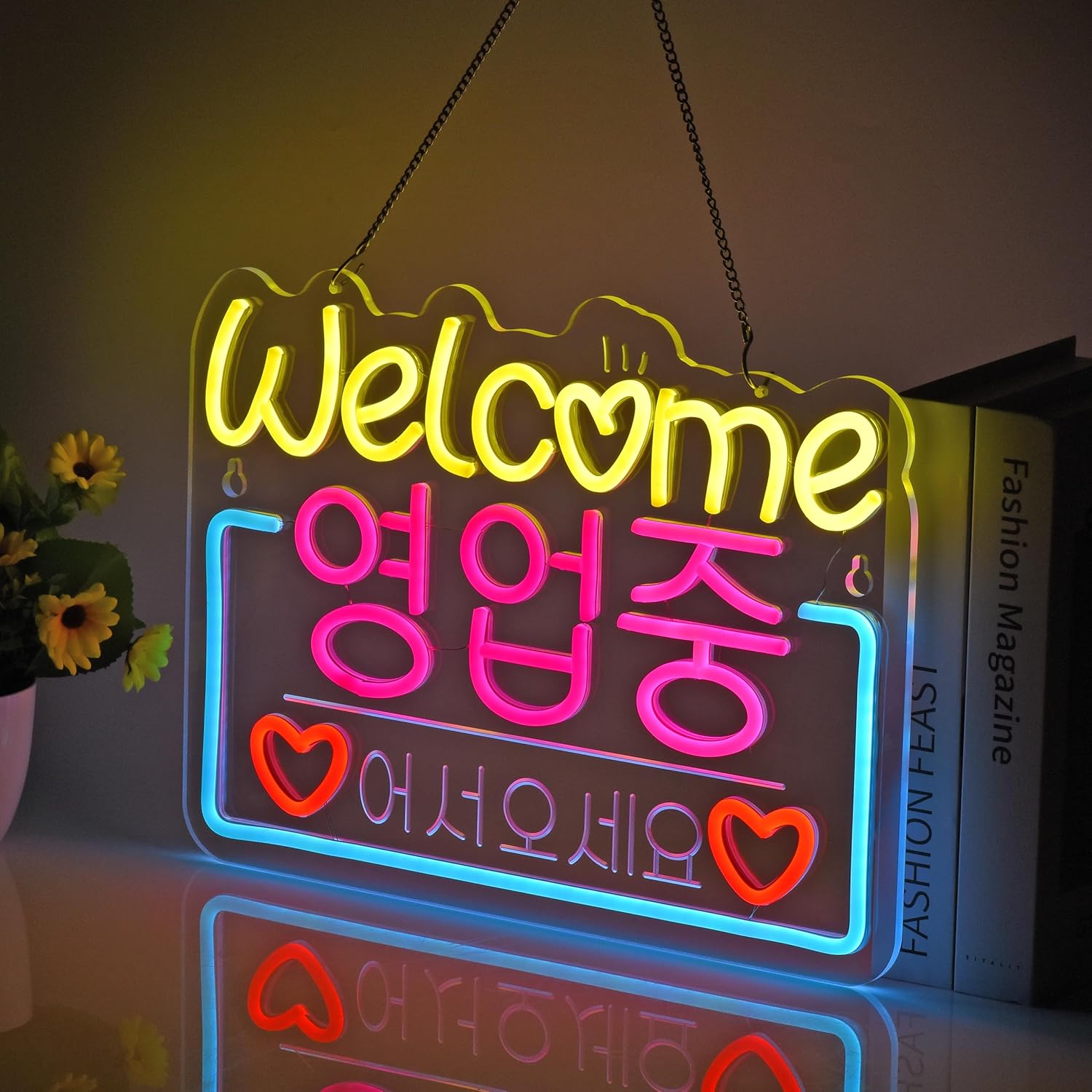 Korean Welcome 영업 중 Neon Sign, Neon Lights Hanging Wall Art Decoration for Restaurant Store Salon Shop Cafe Bar Market Party Home Decor, USB Powered Ultra Bright Dimmable,15.75×11.42inches