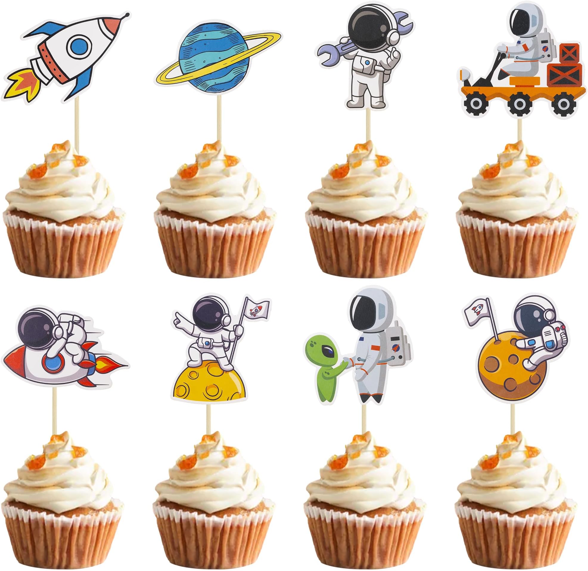 Gyufise 40Pcs Space Astronaut Cupcake Toppers Rocket Planet Trip to the Moon Cupcake Picks Decorations for Baby Shower Boys Girls Birthday Outer Space Themed Party Cake Decorations Supplies