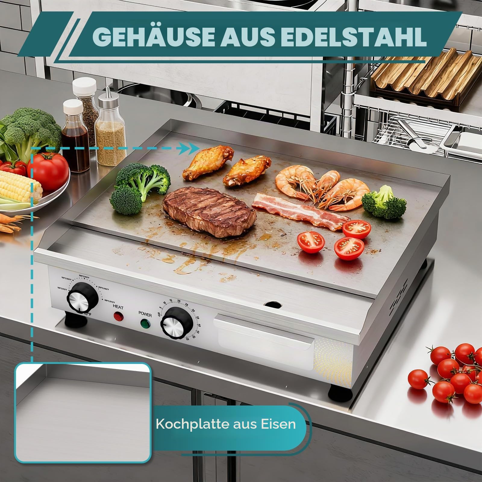 45cm Elektrische Grillplatte Gastro Elektrogrill mit Zeitschaltuhr | Plancha Grillplatte Elektrisch mit 45 cm Grillfläche, Profi Tischgrill elektrisch, Timer 0-60 Min, für Küche, Restaurant