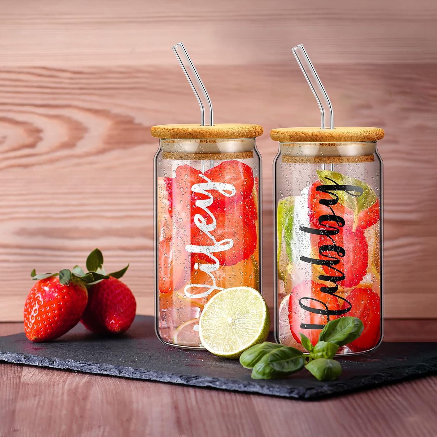 Sieral 2 Pcs Hubby and Wifey Drinking Glasses 16 oz Beer Cup with Bamboo Lids and Glass Straws Bridal Shower Gift Can Shaped Iced Coffee Cup Glass Tumbler Engagement Gifts for Women Drinking Jars