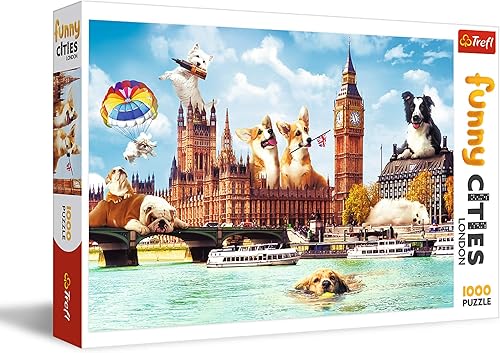 Trefl Dogs in London - Rompecabezas de 1000 piezas con estampado de ciudades divertidas de 27 x 19, rompecabezas de bricolaje, diversión creativa,