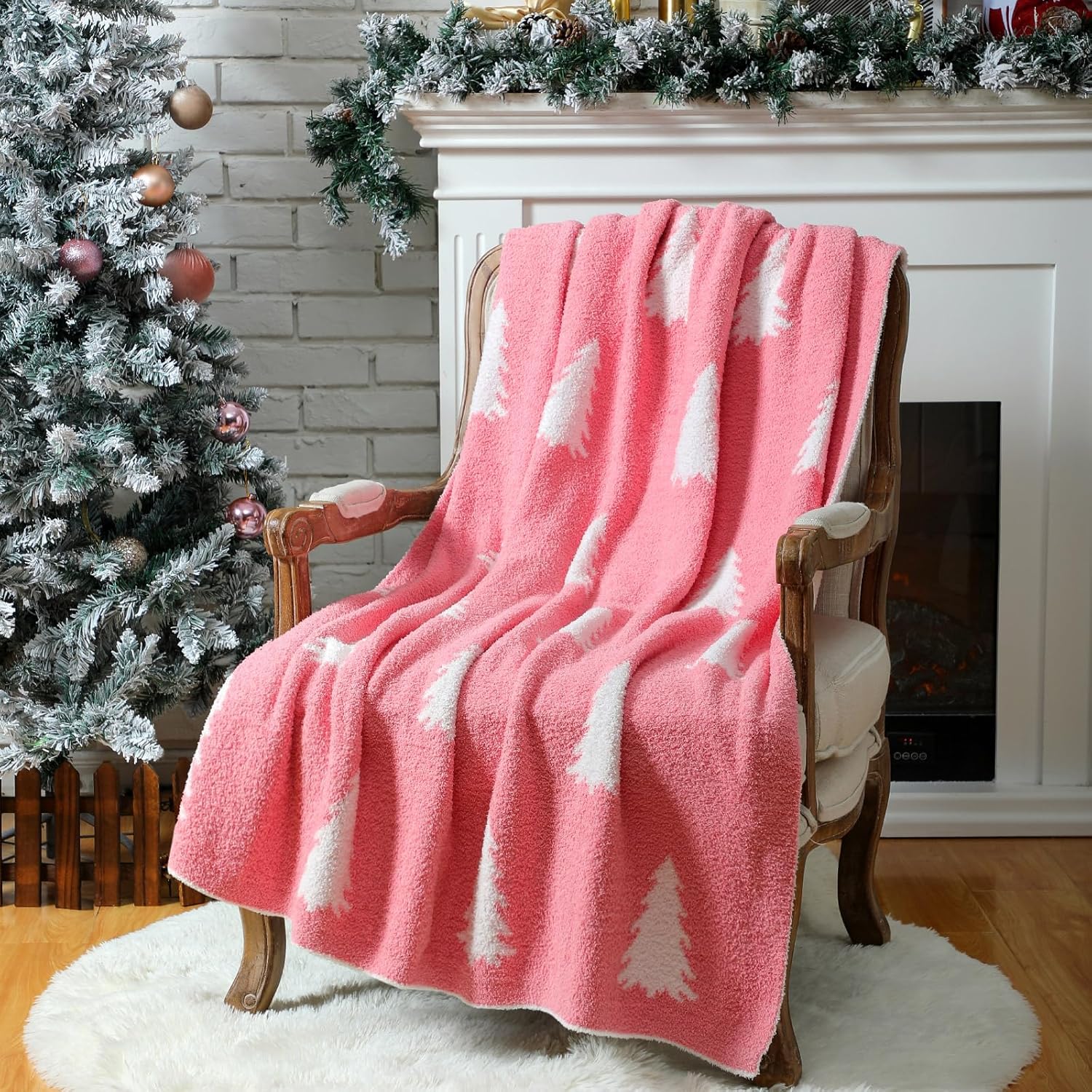 Buryeah Knit Throw Blanket, 50 x 60 Inch Reversible Knitted Throw Blanket, Cozy Soft Lightweight Gift for Couch Sofa Bed(Pink and White,Christmas Tree) - Image 2
