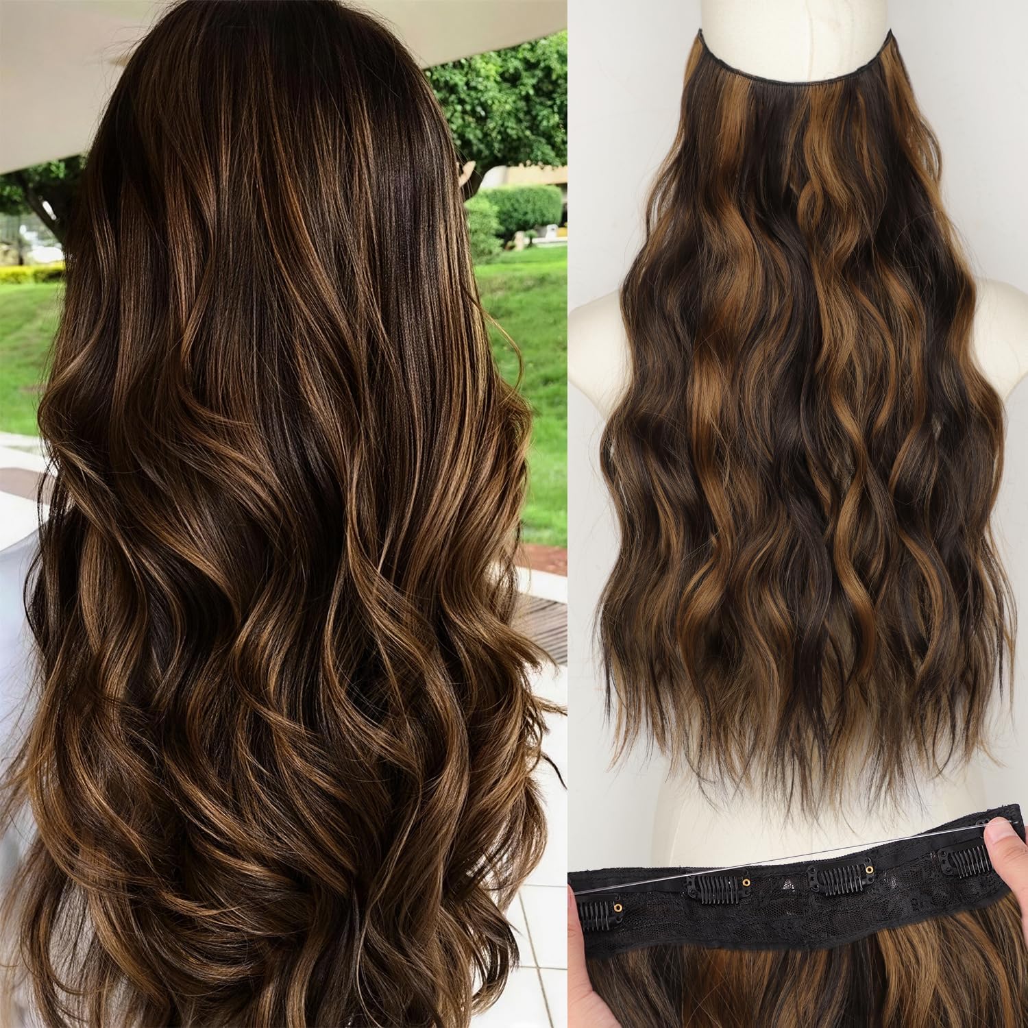 KooKaStyle Invisible Wire Hair Extensions with Transparent Headband Adjustable Size 4 Secure Clips Long Wavy Highlight Hairpiece 20 Inch H2/426alayage Dark Brown to Chestnut for Women | 1 Single Piece Clip In Hair Extension,Natural Volume,Synthetic Hairpieces 20 Inch Balayage Dark Brown with Chestnut for Women