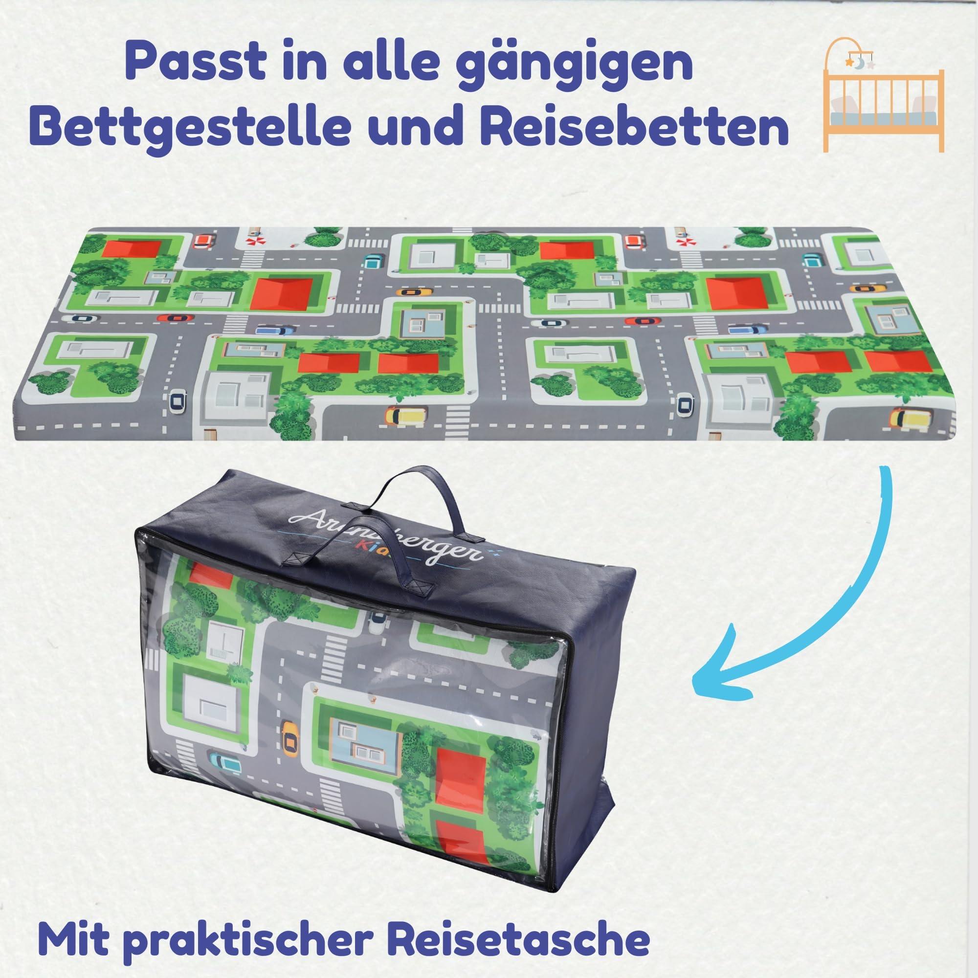 Arensberger Reisebett Matratze für Kinderbetten, Kinderreisebett 60x120 cm, 6cm Hoch, faltbar klappbar, Gelschaum, waschbarer Bezug, Tragetasche, Babybettmatratze, Babymatratze Kindermatratze, Öko-Tex