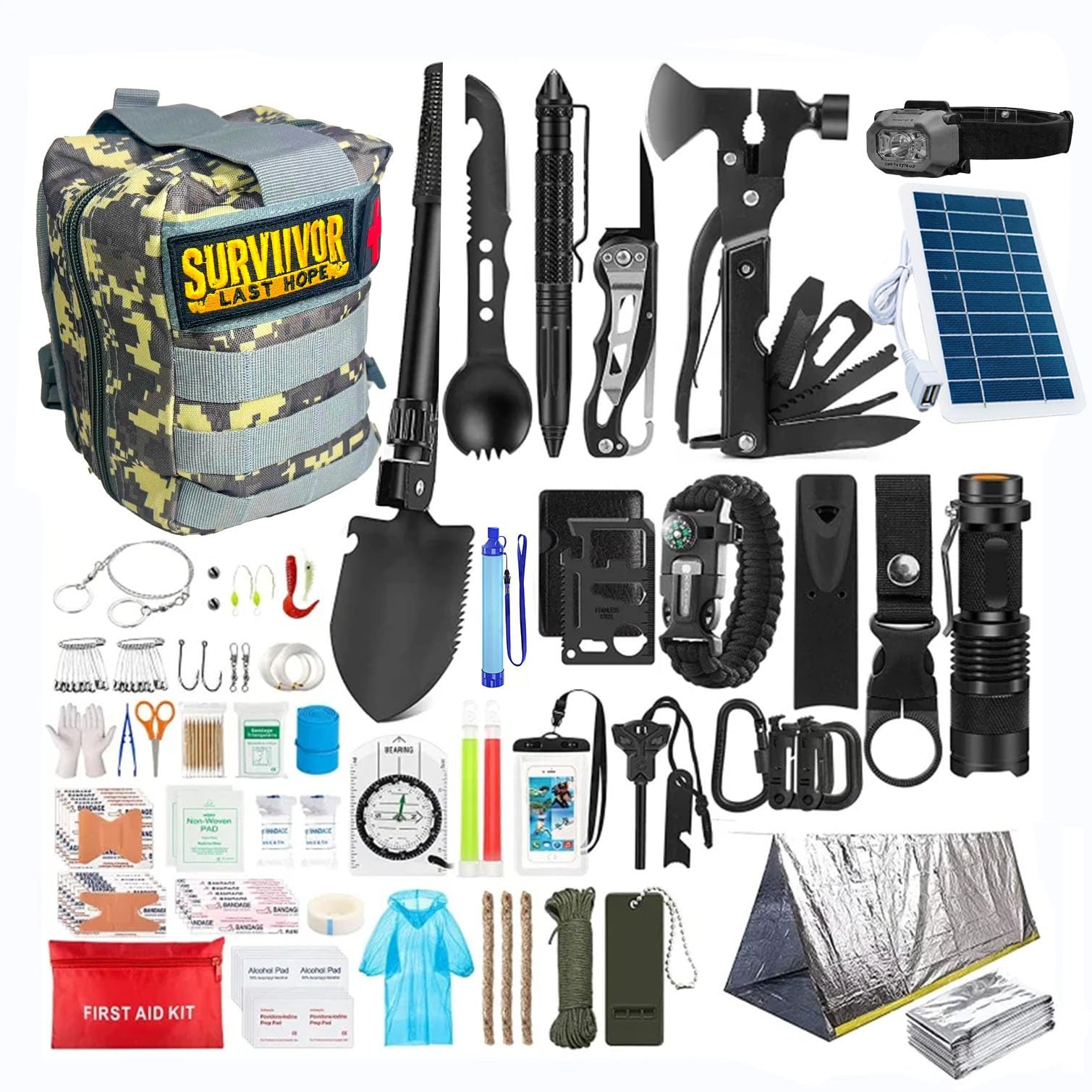 Kit di Sopravvivenza Avanzato – Kit di Emergenza con 20 Strumenti Multifunzione e Più di 60 Articoli di Primo Soccorso – Estremamente Completo – Pratico - Leggero