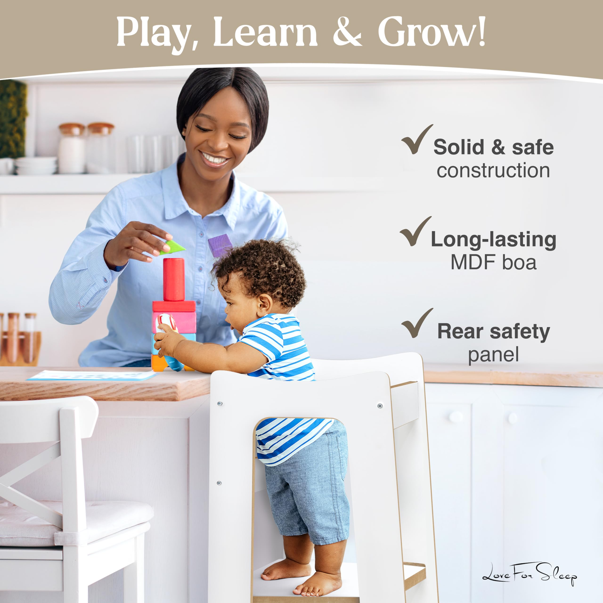 Torre de Aprendizaje Montessori 2 en 1 con Taburete Adicional – Torre de Aprendizaje Infantil Ajustable para Lavabo o baño, Blanco/Pino