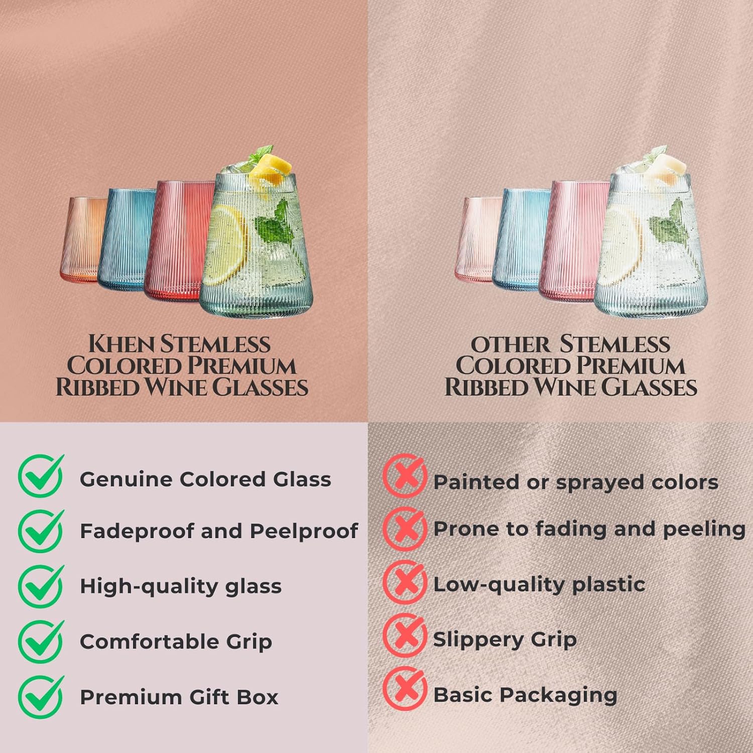 Stemless German Design Ribbed Colored Wine Glasses | Set of 4 | Premium 13.5oz, Crystal Premium Modern Glass | Cup For Red & White Wine, Durable Drinking Glasses, Gift Idea for Men or Women, Gift Box