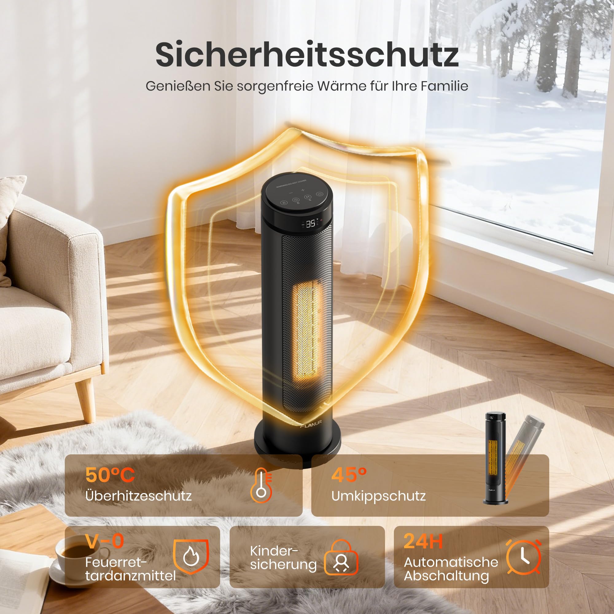 Heizlüfter Energiesparend, 2000W PTC Keramik Heizlüfter, 36dB Leise, Thermostat, 70° Oszillation, 12H Timer, Überhitzungs-Kippschutz, Elektroheizung für Innenräume, 60cm, Schwarz,1 Pack+3 Modi