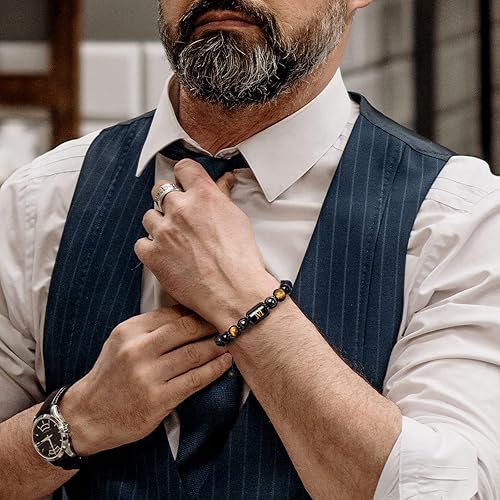 Miniatura 4 de Pulseras de cuentas con iniciales para hombre, pulsera de triple protección de 0.315 in de obsidiana y hematita, hecha a mano con letras de piedra