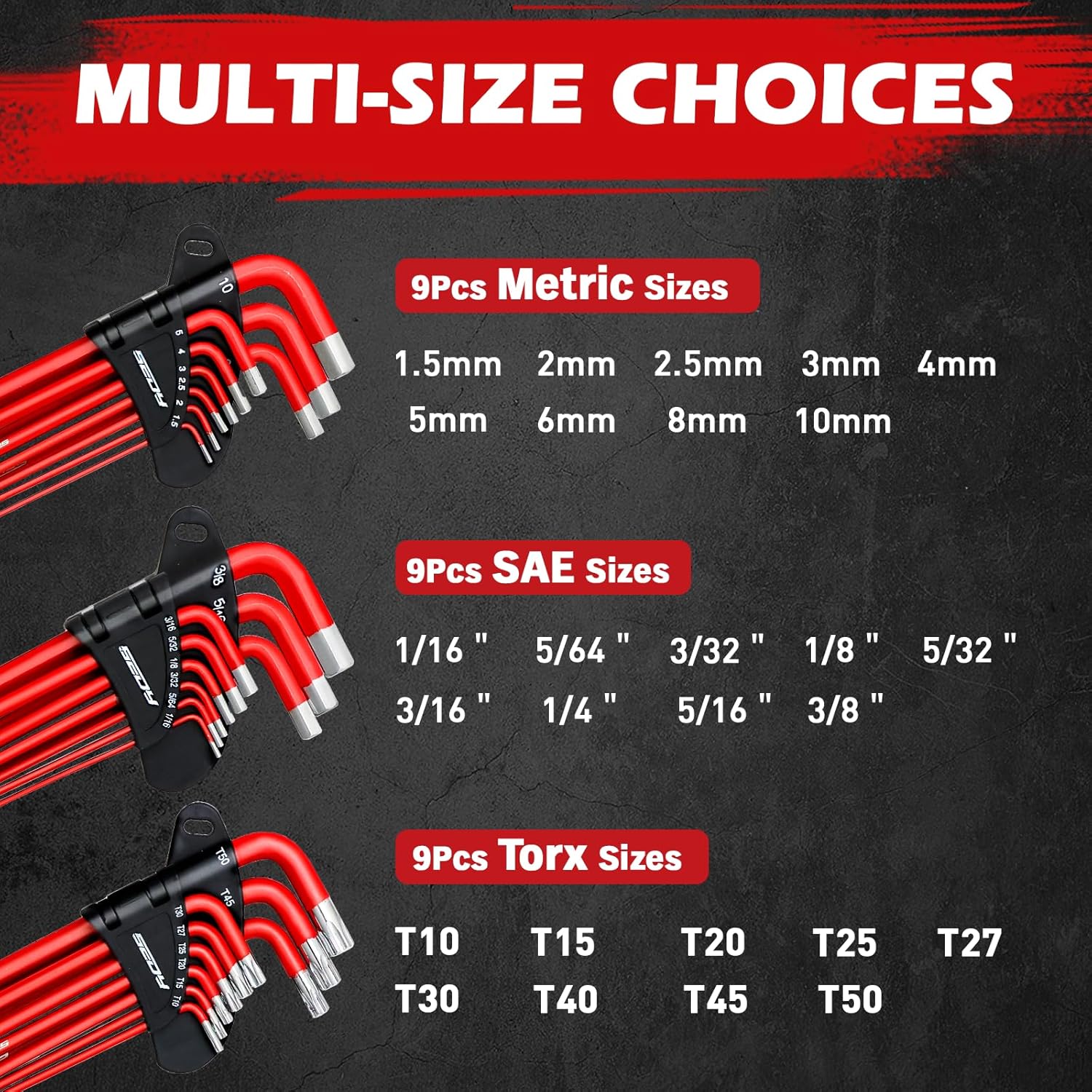 SEDY 30-Piece Long Arm Ball End L-Hex & Torx Key Set with Grip Handle, Ultimate Hex Key Wrench Set with T-Handle and Extension Bars, SAE 1/16" to 3/8", Metric 1.5mm to 10mm, Torx T10 to T50