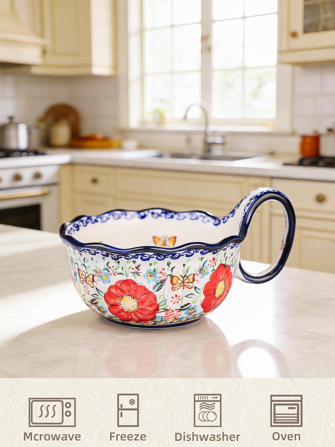 silesia Handmade Ceramic Soup Bowl, 30 oz Hand Painted Bowl with Loop Handle, Floral Design Cereal Bowl for Soup, Ice cream, Snack, Microwave & Dishwasher Safe (Flowers Red)