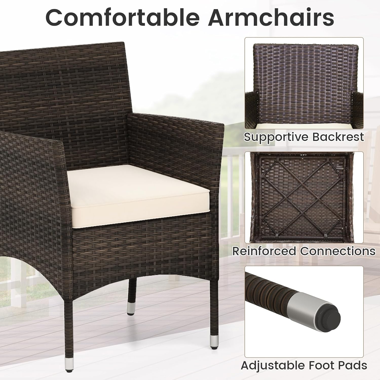 3 Pieces Patio Furniture Set, Outdoor PE Rattan Wicker Chairs with Soft Cushions & Tempered Glass Top Table, Patio Bistro Set Outdoor Conversation Set for Backyard & Poolside(Beige)