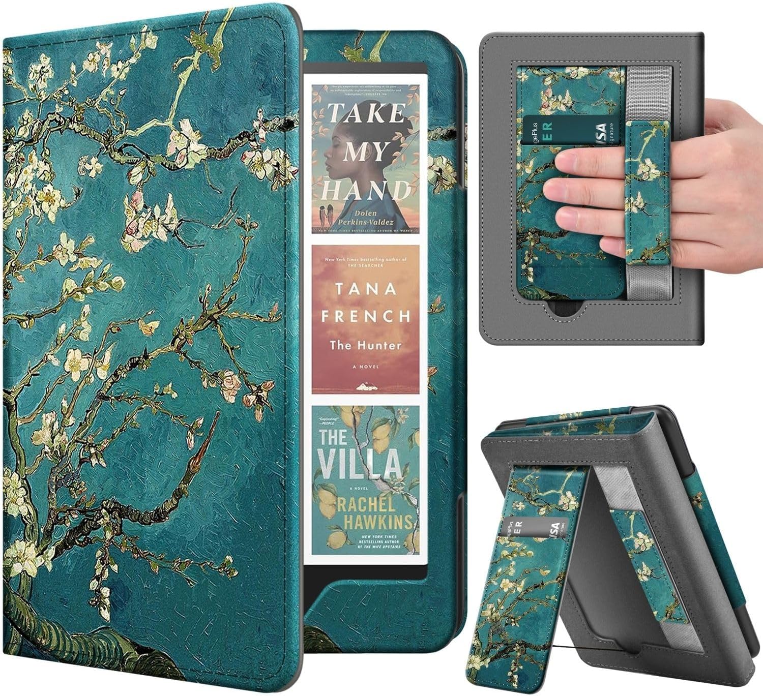 TNP Stand Case with Strap for Kindle Paperwhite 12th Gen 2024 / Kindle Colorsoft Signature Edition - 7" PU Leather Protective Folio Cover with Auto Wake/Sleep & Card Slot, Almond Blossom
