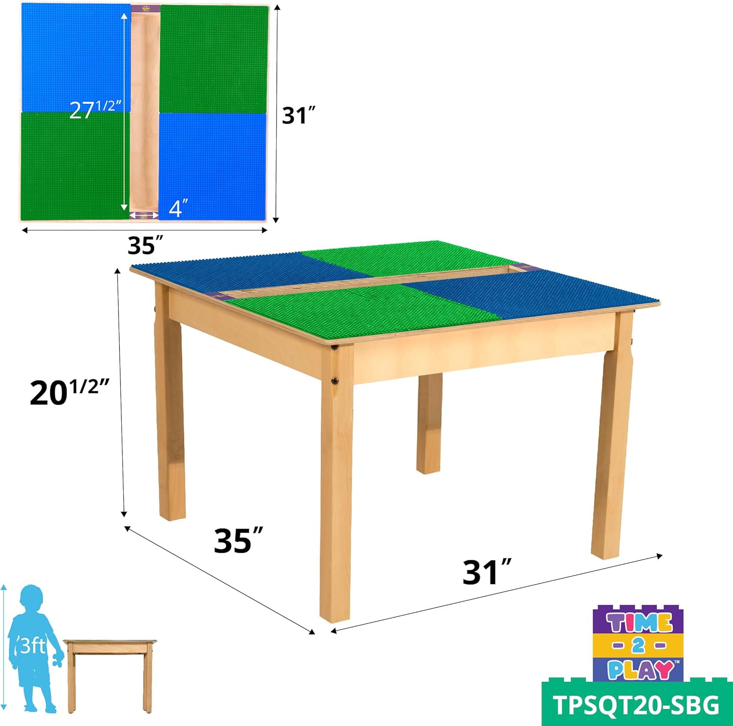 Contender Time-2-Play 35" Square Birch Plywood Blue and Green Compatible with Duplo Table with Trough for Kids, Montessori Wooden Play Desk for Classroom, Pre-School, Daycare [20" Long Legs]