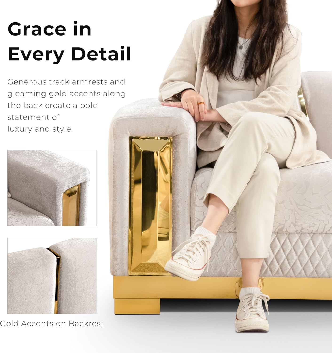 Furniture of America Samison II Glam Solid Wood Upholstered Couch with Accent Pillows, Damask Pattern and Gold Base, Comfortable Sofa for Living Room, Bedroom, Office, Black