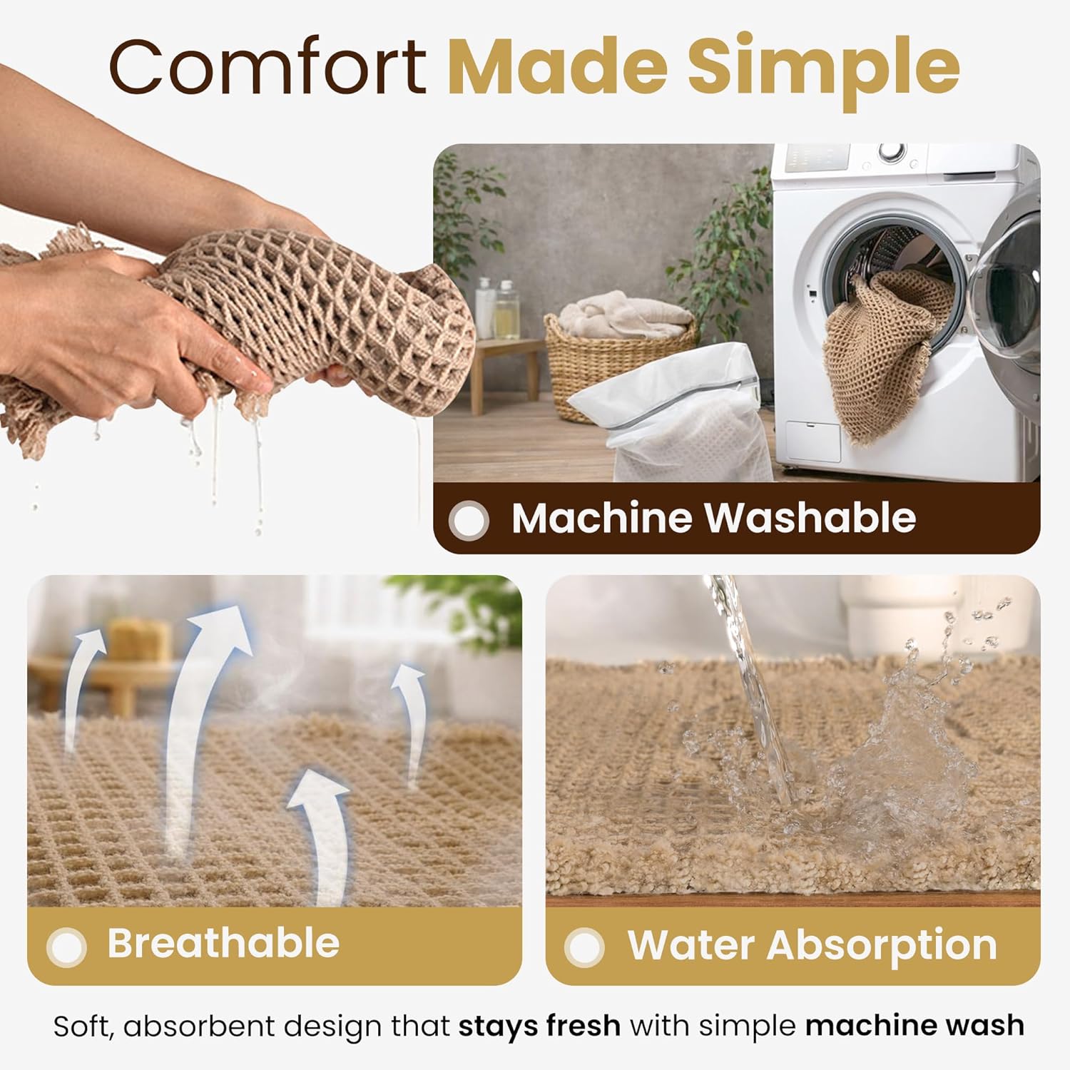 Waffle Knit Bath Mat Set of 2 – 17×24 & Large 24×48 Latte/Tan | Deluxe Dual Anti-Slip Backing + Extra Pad | Ultra-Absorbent Quick-Dry Waffle Bathroom Rug Boho Chic Decor | Laundry Bag Included