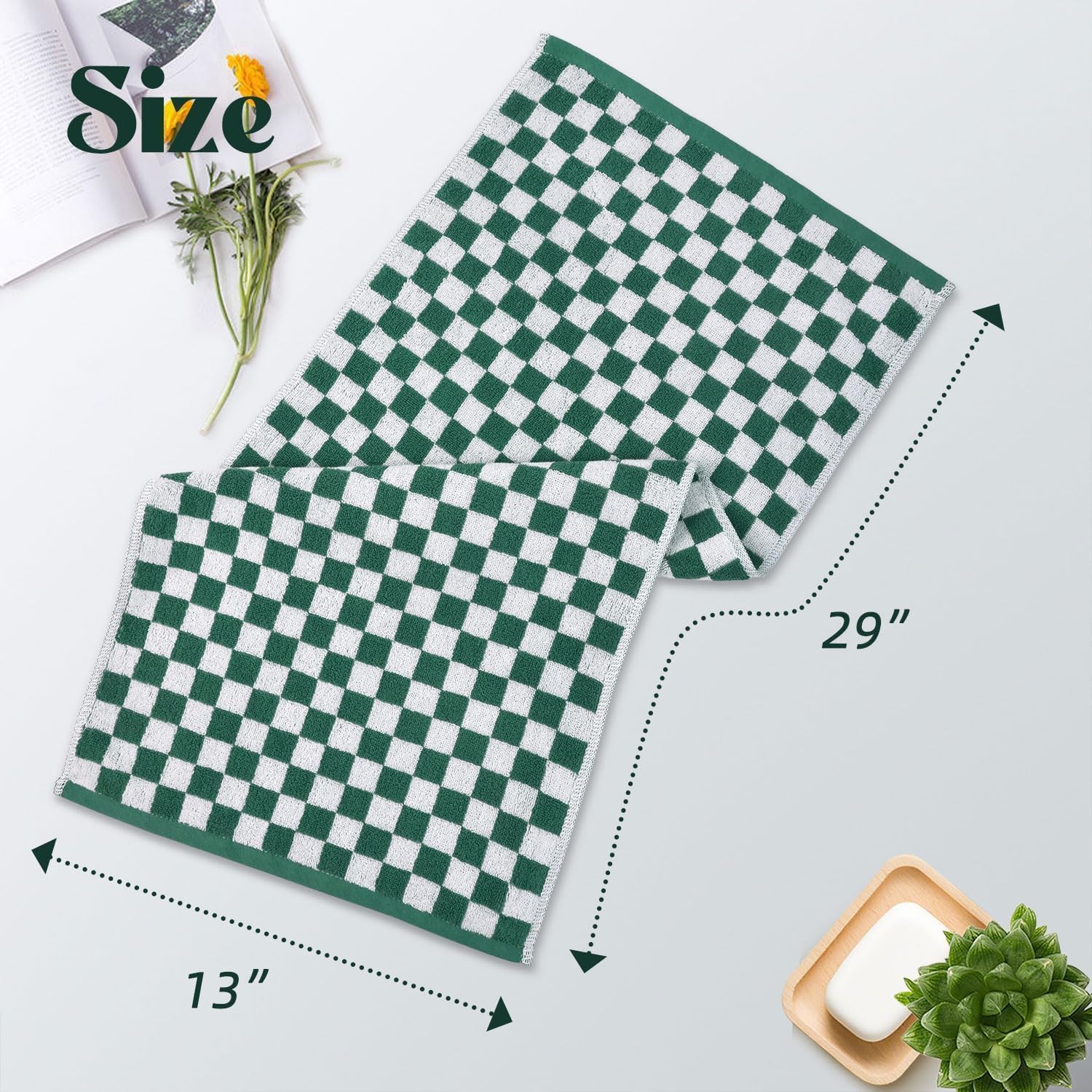 Jacquotha  and White Hand Towels 4 Pack, Cotton Decorative Bathroom Hand Towels & Checkered Kitchen Decor, 13" x 29": Green