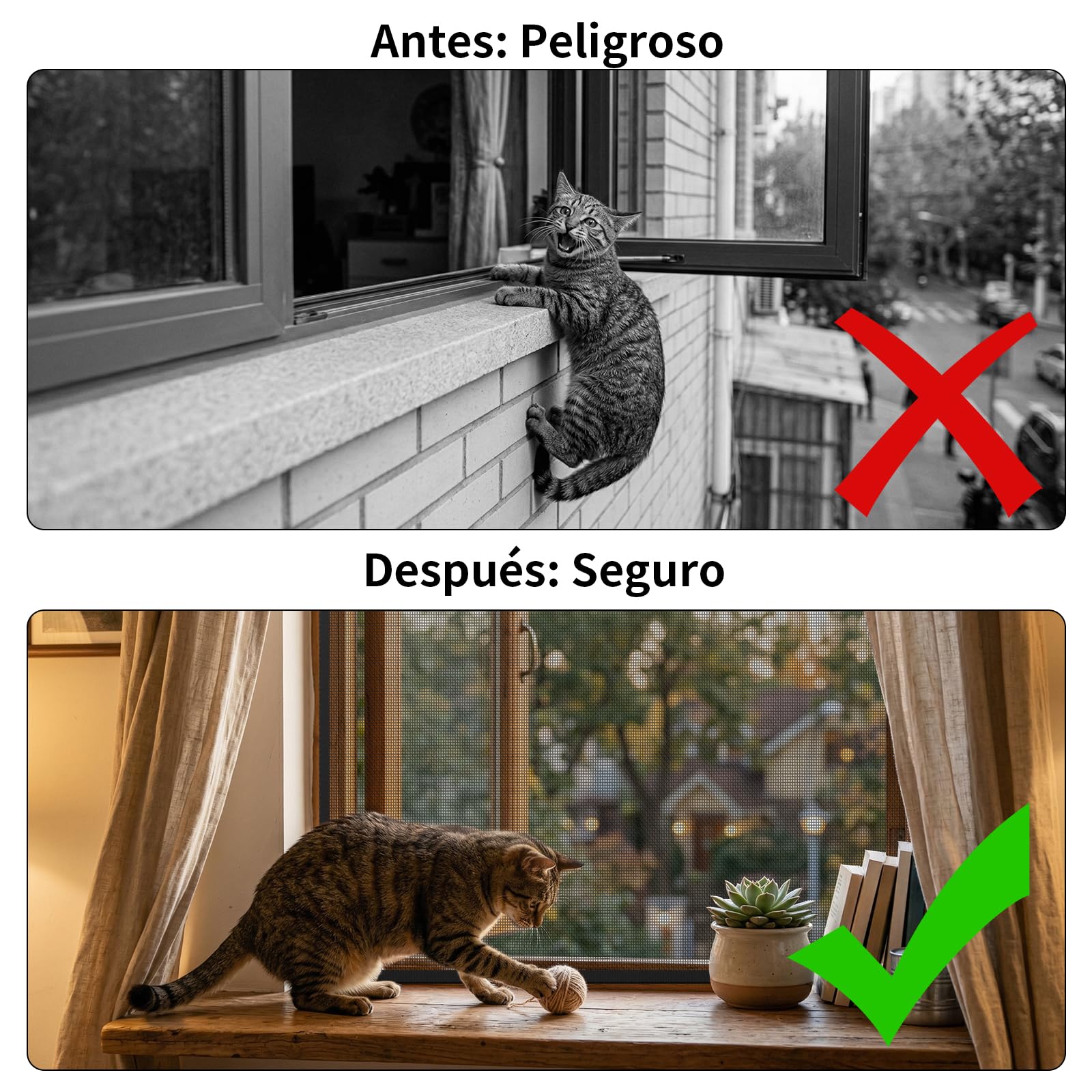 BKSAI Mosquitera Ventana para Gatos, Red Anticaída Adhesiva sin Taladrar, Malla Recortable Resistente a Arañazos, Protección Mascotas para Ventana - 130x150CM Negra