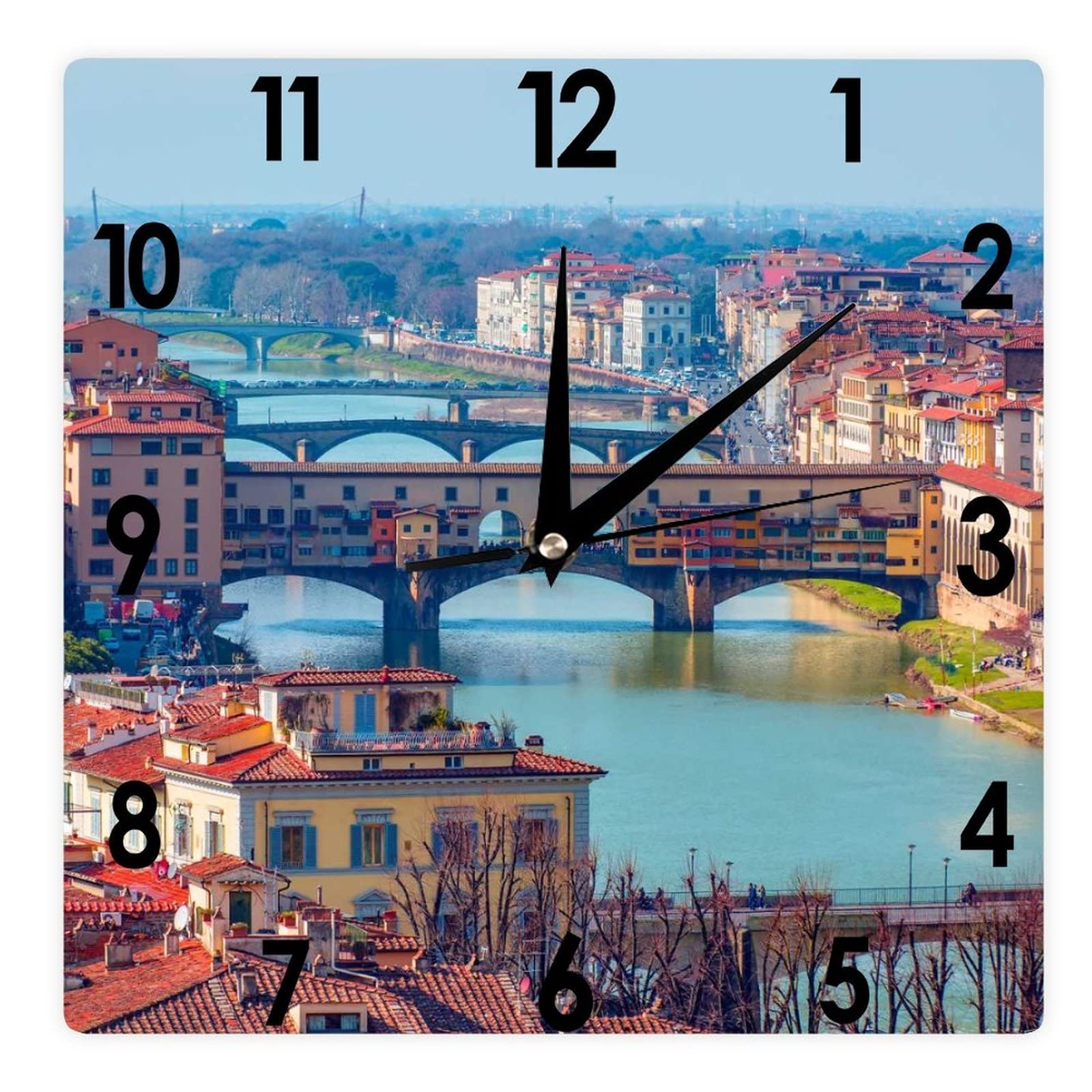 Higoss Square Wall Clock Ponte Vecchio on The Arno River in Florence, Italy Silent Non-Ticking Clock 12 Inch, Battery Operated Accurate Landscape/Cityscape Farmhouse/Home/Office Decor