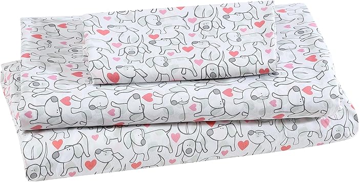 Beatrice Home Fashions Printed Microfiber Sheet Set, Soft Comfortable Easy Care, Includes 1 Fitted Sheet with 12" Deep Pockets, 1 Flat Sheet, Pillowcase, Twin, Hearts & Hounds