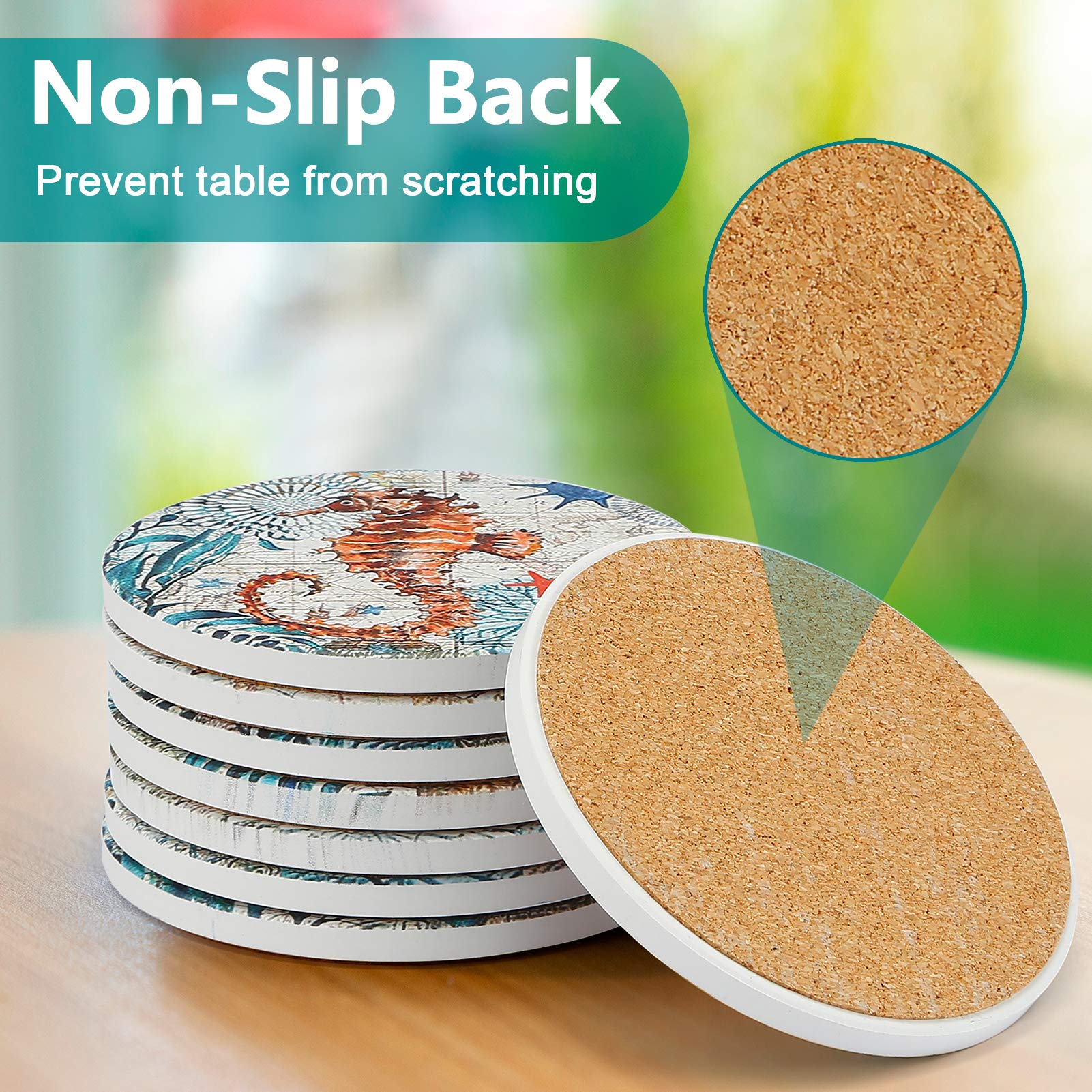 8 Posavasos de Piedra con Soporte para Bebidas, Base de Corcho, Tema Tropical de Playa, para inauguración de la casa, apartamento, Cocina, habitación, Bar, cumpleaños, Mesa de Madera