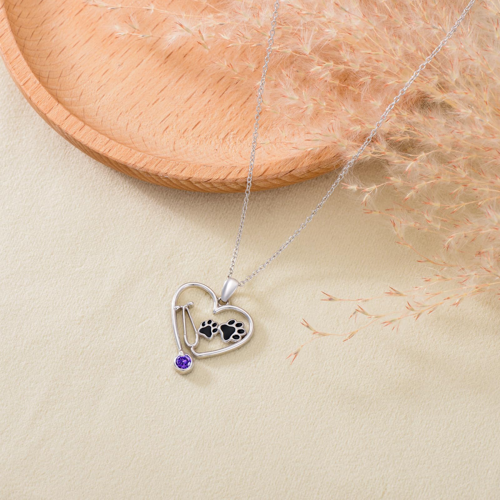ROMANTICWORK Collar de estetoscopio veterinario con piedra natal de plata de ley 925, colgante de enfermera veterinaria con pata de perro, joyería de regalo para enfermeras veterinarias, regalos