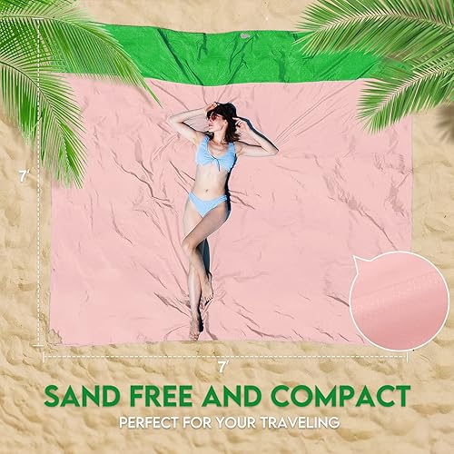 Miniatura 5 de BYDOLL Manta de playa de nailon impermeable a prueba de arena, de gran tamaño, 7 x 7 pies, apta para 1-5 adultos, manta de playa extra grande,