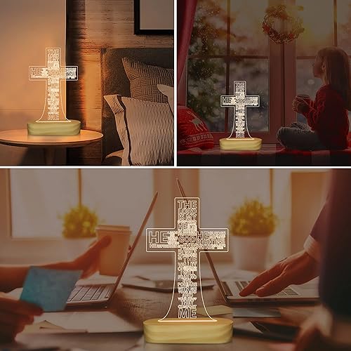 Miniatura 2 de Luz nocturna 3D con cruz de Jesús, regalos de bautismo cristiano para niños y niñas, madera blanca cálida hecha a mano, lámparas de escritorio del