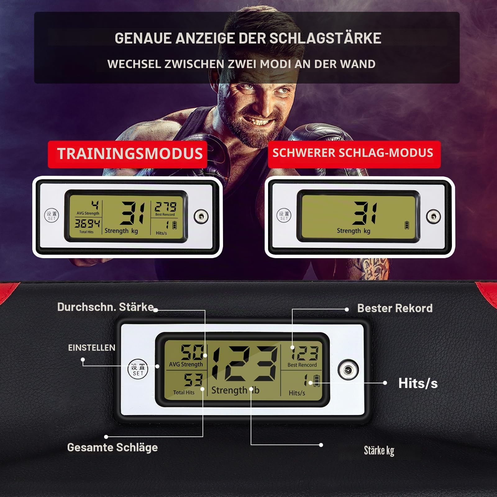 Hoteam Boxkrafttester, Schlagkraftsensor, verstellbare Höhe, Box-Trainingsgerät, Wandmontage, Boxer, Boxer, Boxsack, Maschine für Erwachsene und Kinder (stilvoll)